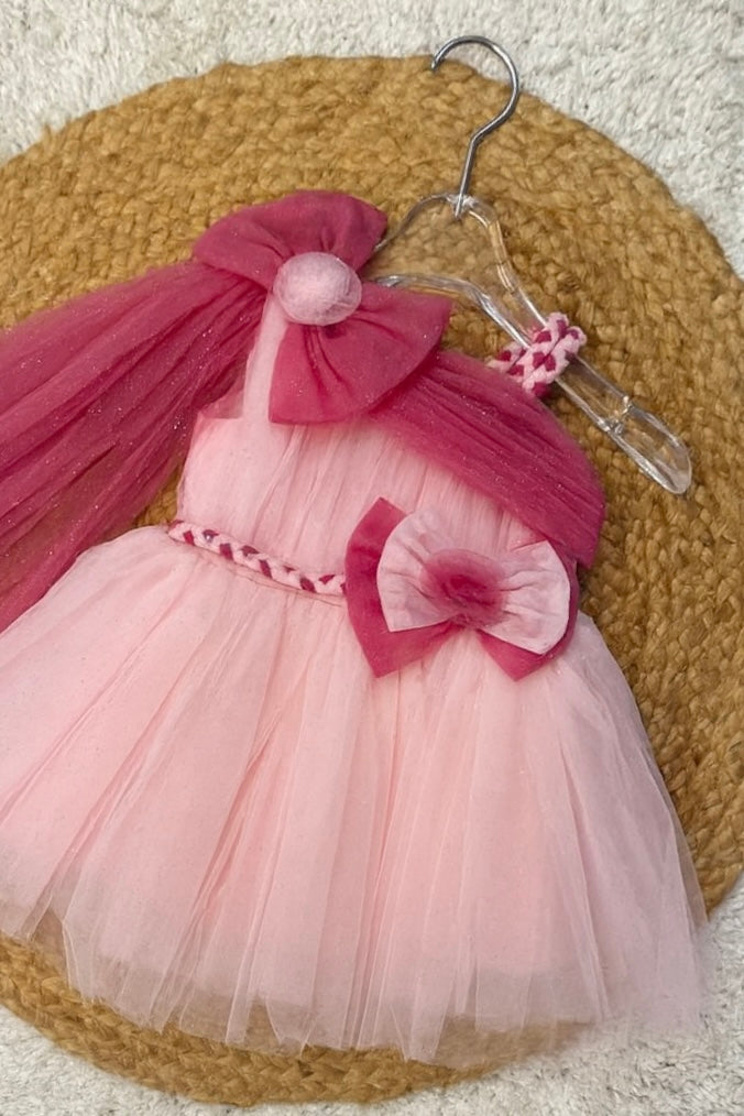 Elegant Pink Shimmer Party Frock with Dupatta & Big Bow Detail