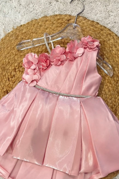 Elegant Pink Satin High-Low Frock with 3D Flower Shoulder