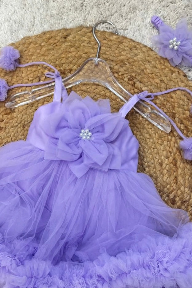Lilac Puffy Tulle Baby Frock with Floral Accents & Headband