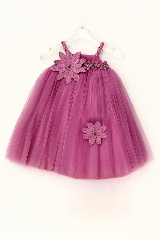 Adorable Purple Tulle Frock with Floral Embellishment For girls