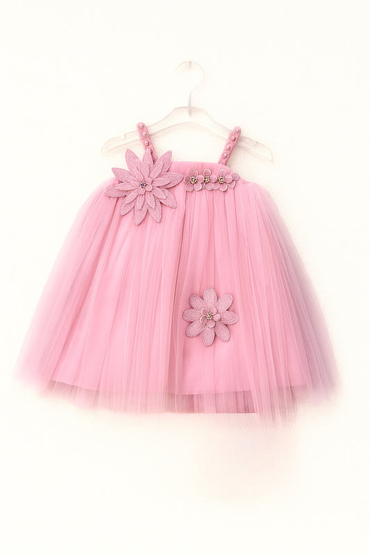 Adorable Pink Tulle Frock With Floral Embelishment For girls