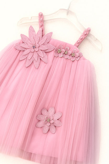 Adorable Pink Tulle Frock With Floral Embelishment For girls