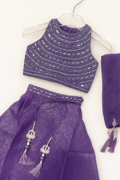Purple shimmer top with Sharara skirt with dupatta