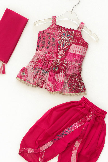Vibrant Pink Patchwork Top & Dhoti Set