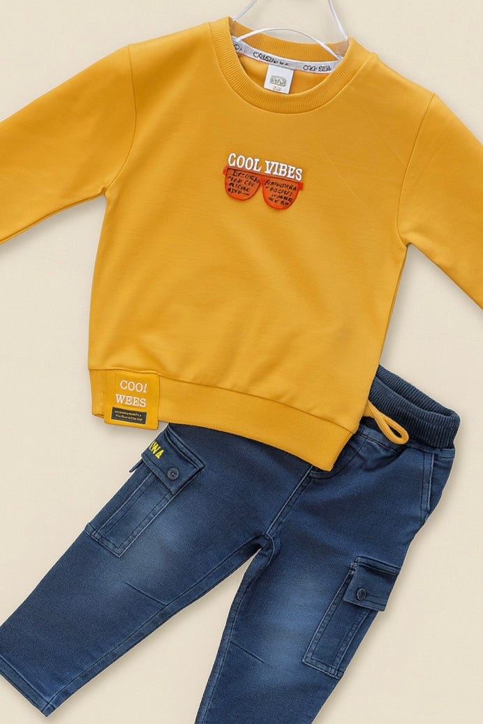 Cool Vibes” Sweatshirt with Denim Cargo Pants