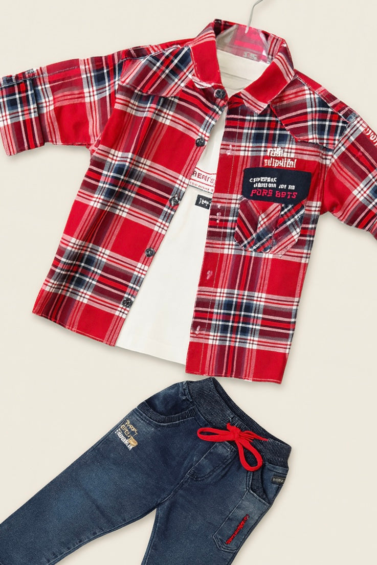 Boys’ Checked Shirt with Inner Tee & Denim Jogger Set