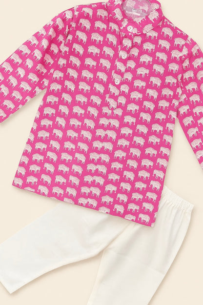 Vibrant Pink Elephant Print Kurta With White Pajama Set