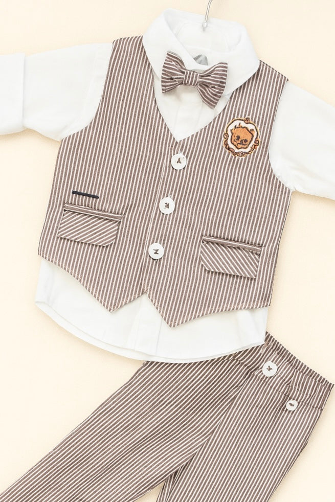 Boys’ Classic Striped Waistcoat Suit Set with Bow Tie