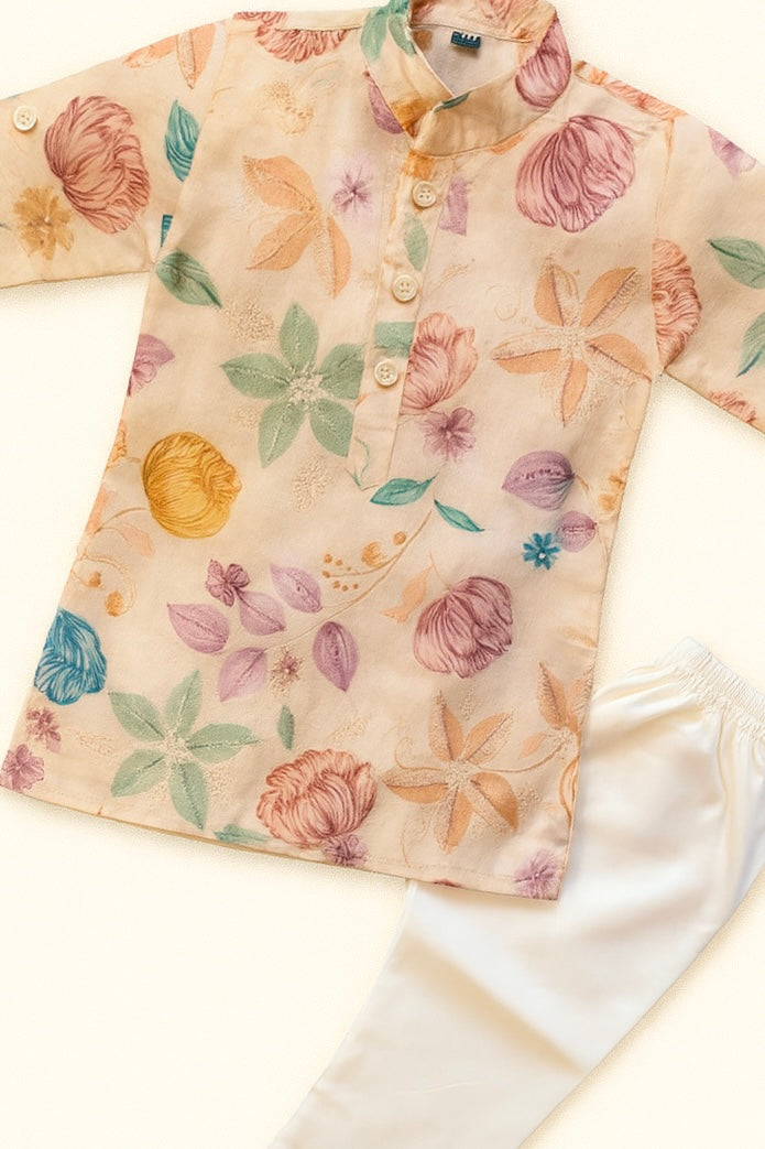 Elegant Peach Flower Kurta With Pajama Set For boys