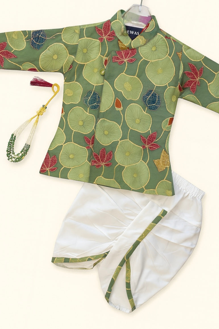 Elegant Green Floral Kurta with White Dhoti Set For boys