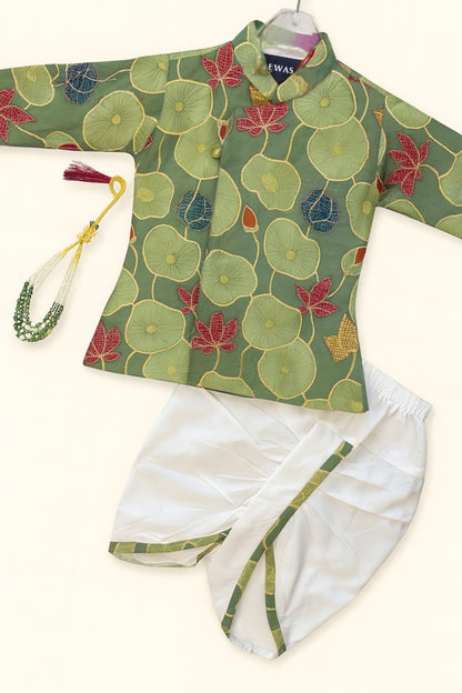 Elegant Green Floral Kurta with White Dhoti Set For boys
