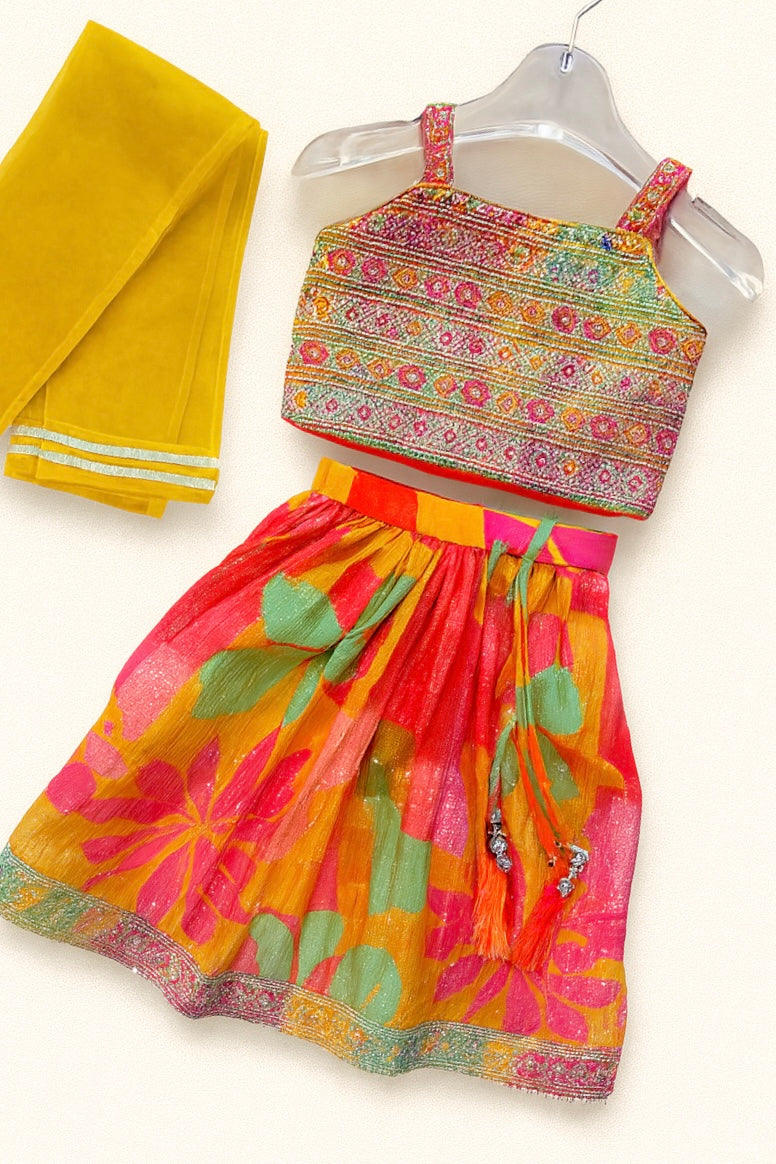 Girls' Festive Lehenga Choli Set – Multicolor with Yellow Dupatta