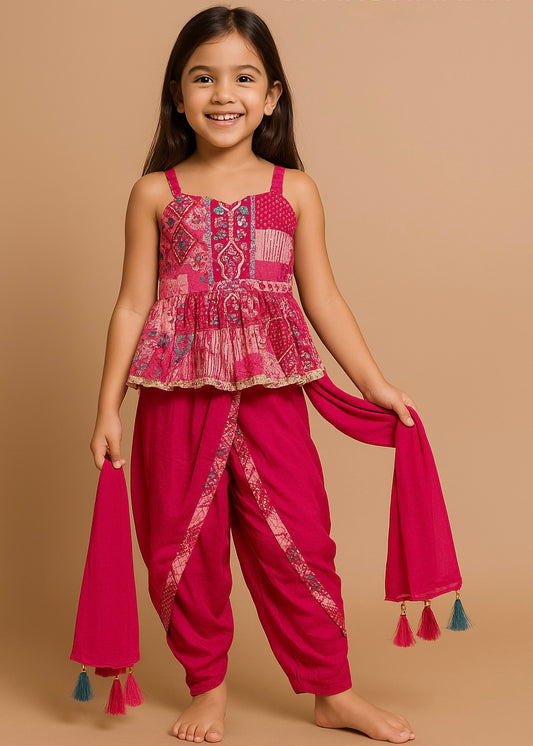 Vibrant Pink Patchwork Top & Dhoti Set