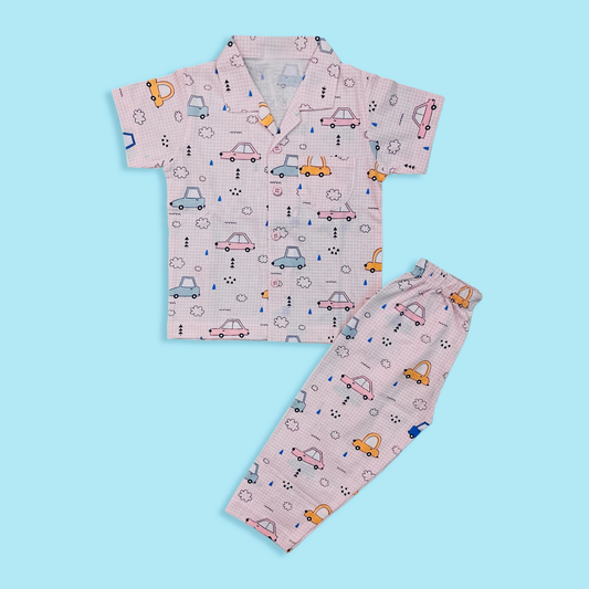 Half Sleeves Car Print Night Suit Set -Baby Pink