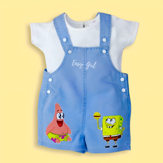 Cute Spongebob and Patrick Cartoon Print Soft Cotton Denim Dungaree with White T-shirt - Denim Blue