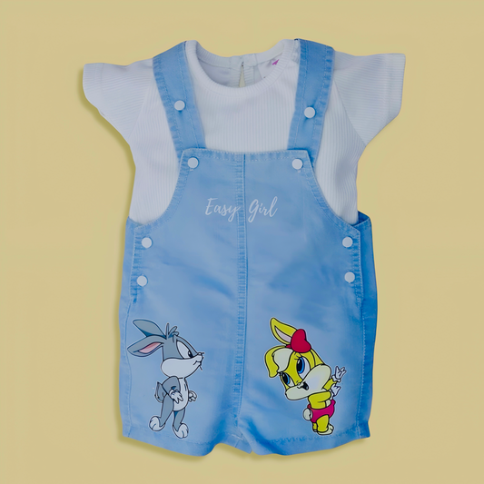 Cute Kat's  Dog Snoods Cartoon Print Soft  Cotton Denim Dungaree with White T-shirt - Denim Blue