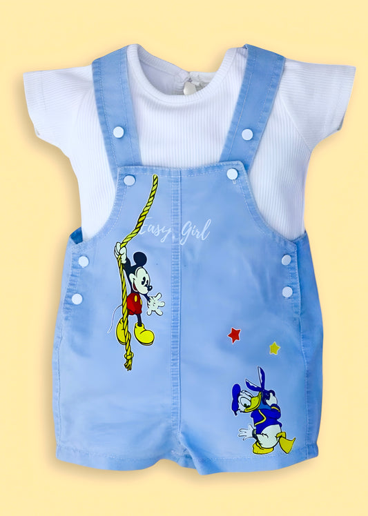 Cute Micky Mouse and Donald Duck Cartoon Print Soft  Cotton Denim Dungaree with White T-shirt - Denim Blue