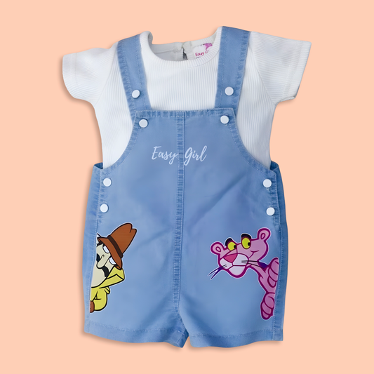 Cute Pink Panther Cartoon Print Soft Cotton Denim Dungaree with White T-shirt - Denim Blue