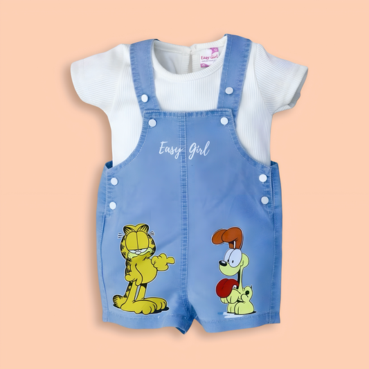 Cute Cat and Goofy Cartoon Print Soft Denim Dungaree with White T-shirt  - Denim Blue