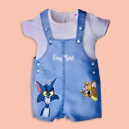 Cute Tom and Jerry Cartoon Print Soft Cotton Denim Dungaree with White T-shirt - Denim Blue