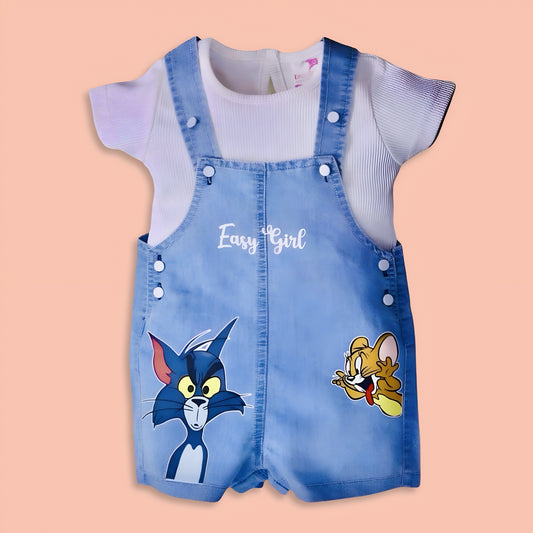 Cute Tom and Jerry Cartoon Print Soft Cotton Denim Dungaree with White T-shirt - Denim Blue