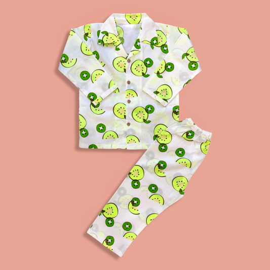 Full Sleeves Kiwi Print Night Suit - White