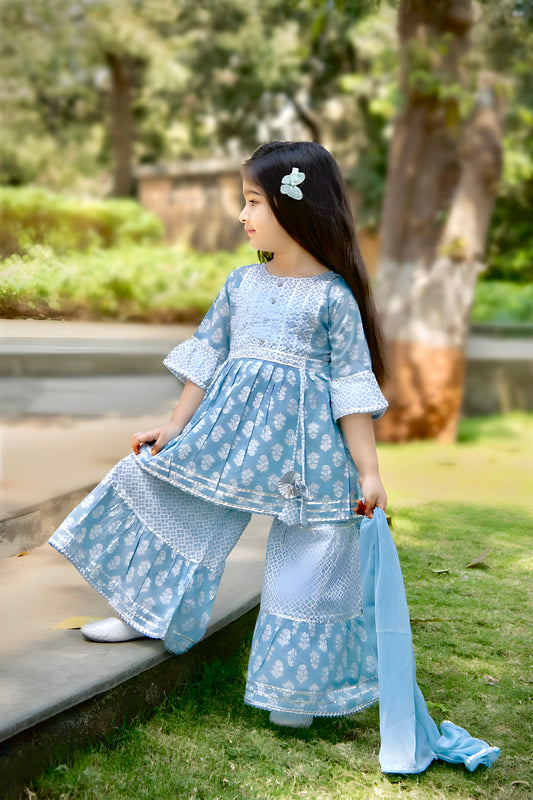 Festive wear Girl's Pure Cotton Ethnic Floral Print Kurti with Tassels and Sharara Set With Dupatta For Kids