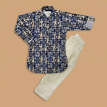 Cotton Printed Navy Blue Colour Kurta with Pyjama