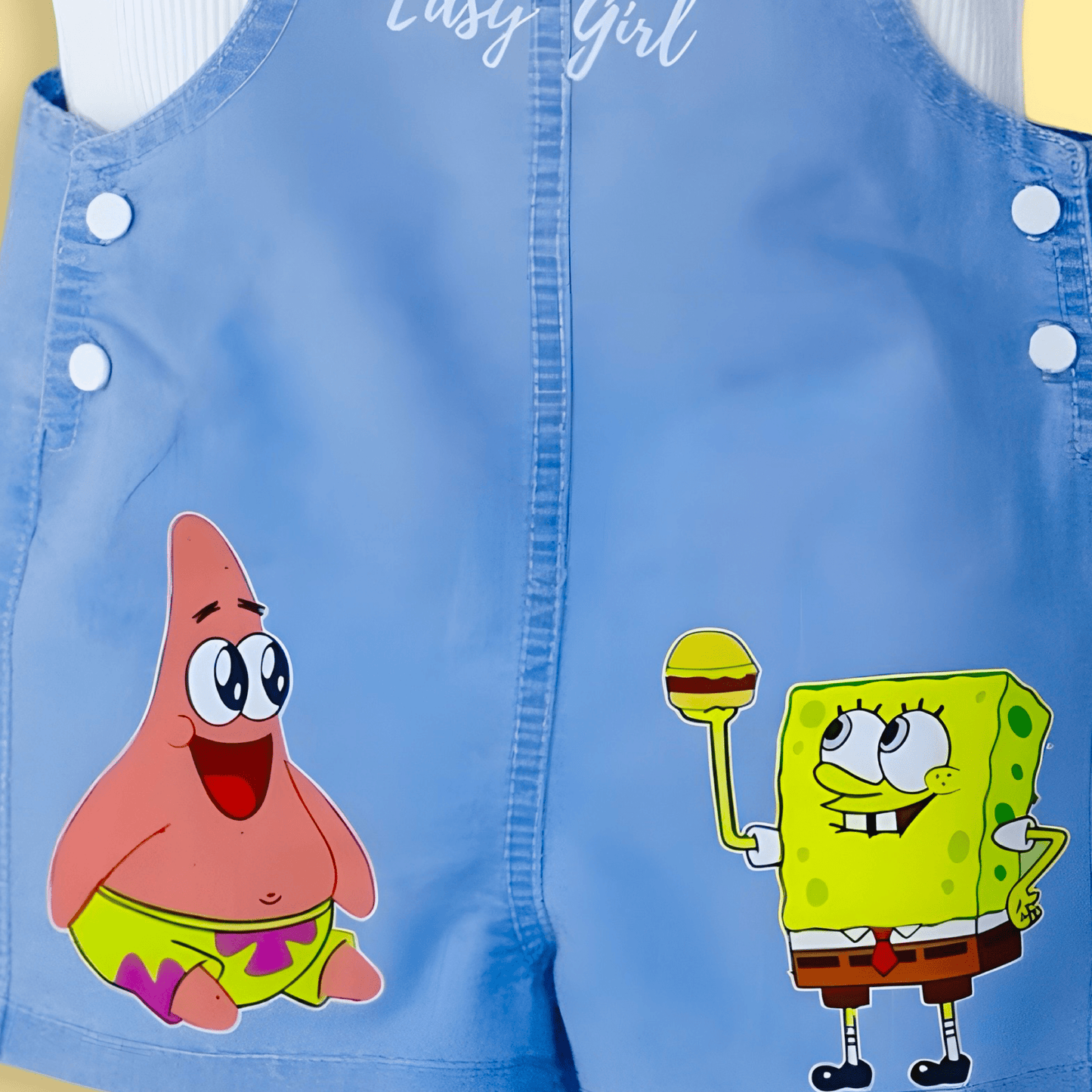 Cute Spongebob and Patrick Cartoon Print Soft Cotton Denim Dungaree with White T-shirt - Denim Blue