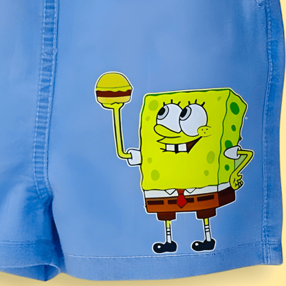 Cute Spongebob and Patrick Cartoon Print Soft Cotton Denim Dungaree with White T-shirt - Denim Blue