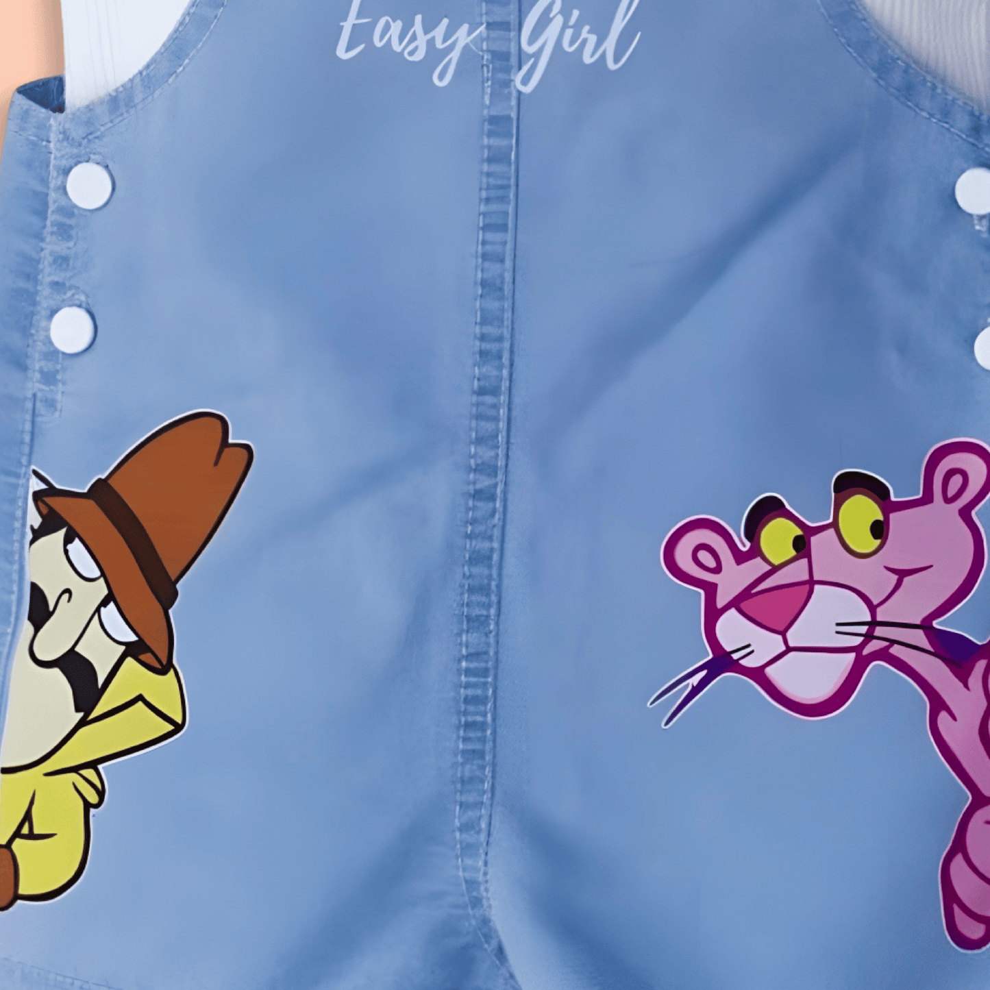 Cute Pink Panther Cartoon Print Soft Cotton Denim Dungaree with White T-shirt - Denim Blue