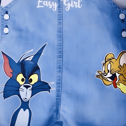 Cute Tom and Jerry Cartoon Print Soft Cotton Denim Dungaree with White T-shirt - Denim Blue