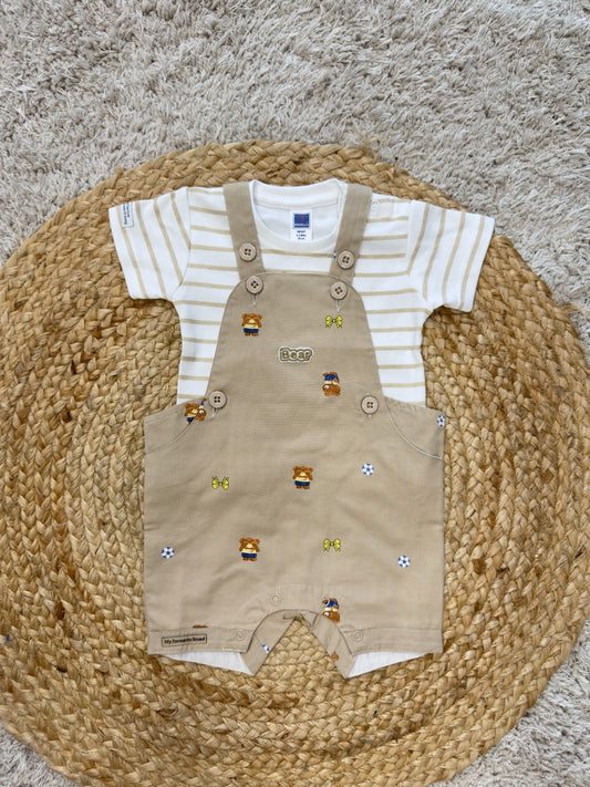 Boys Striped T-Shirt & Bear Print Dungaree Set