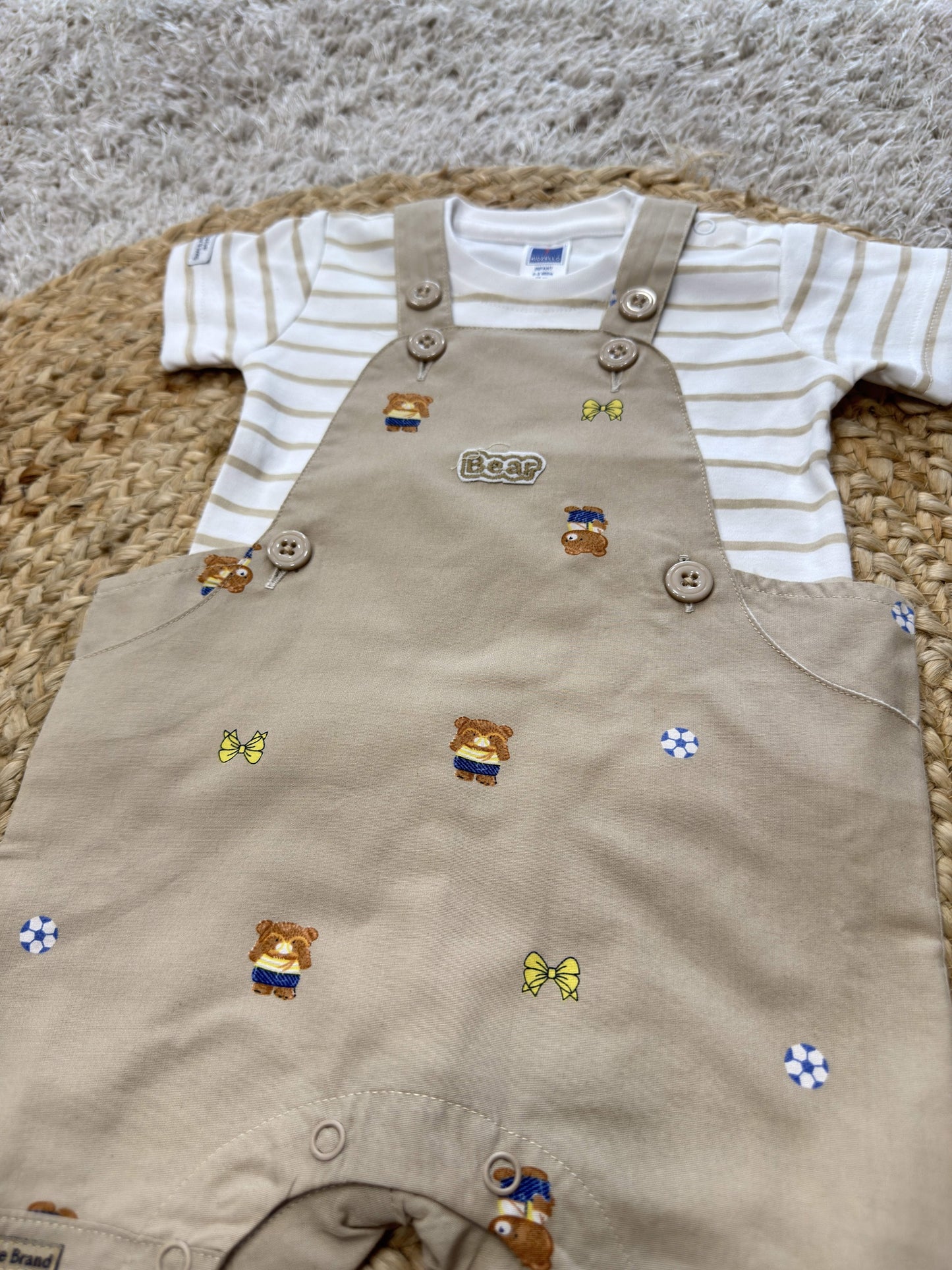 Boys Striped T-Shirt & Bear Print Dungaree Set