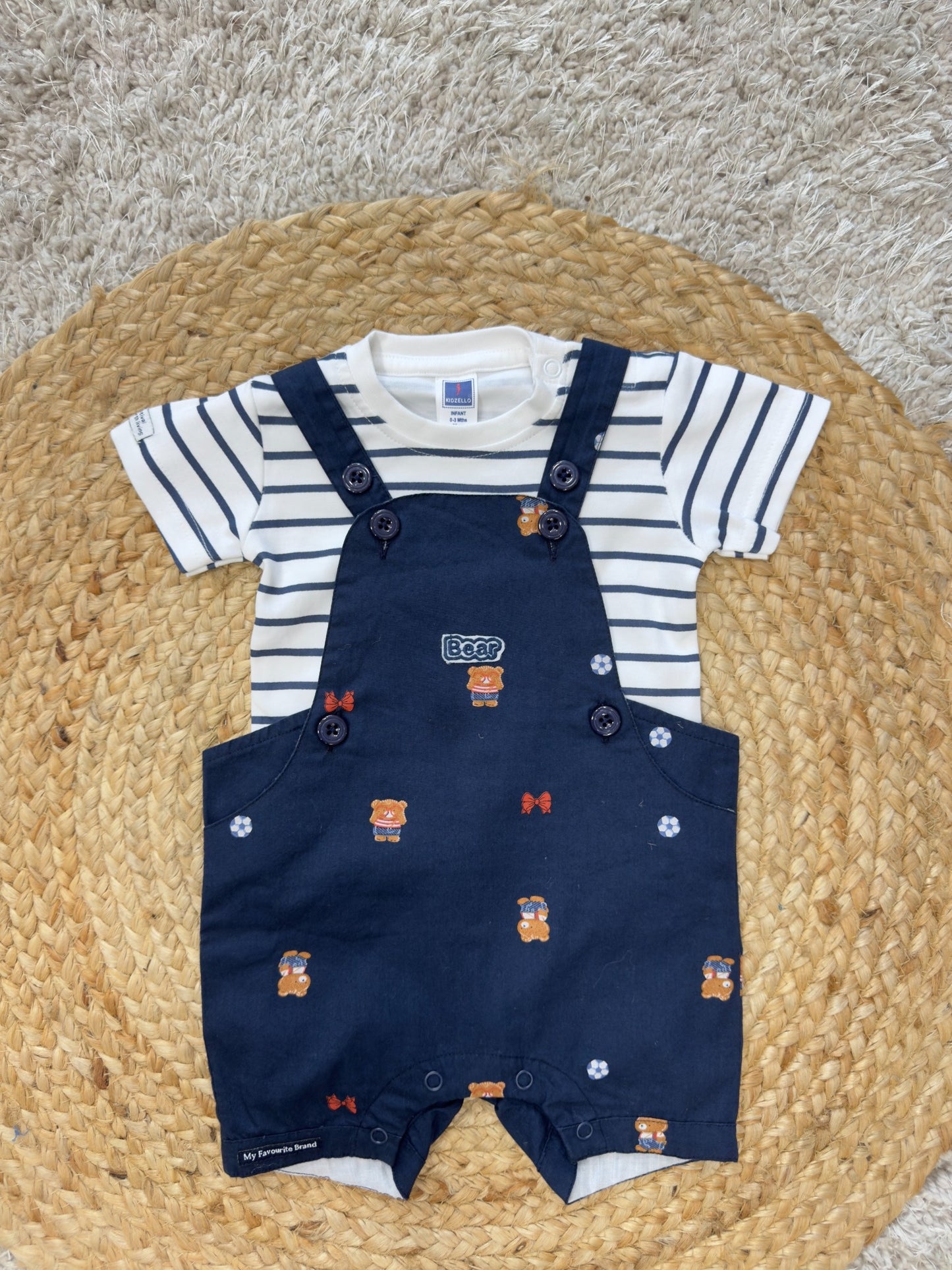 Boys Striped T-Shirt & Bear Print Dungaree Set