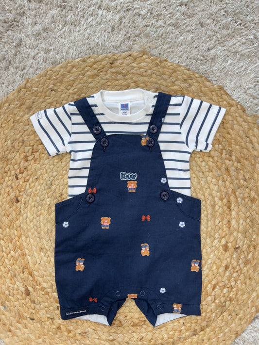 Boys Striped T-Shirt & Bear Print Dungaree Set