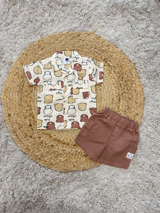 Boys Bear Print Shirt & Brown Shorts Set