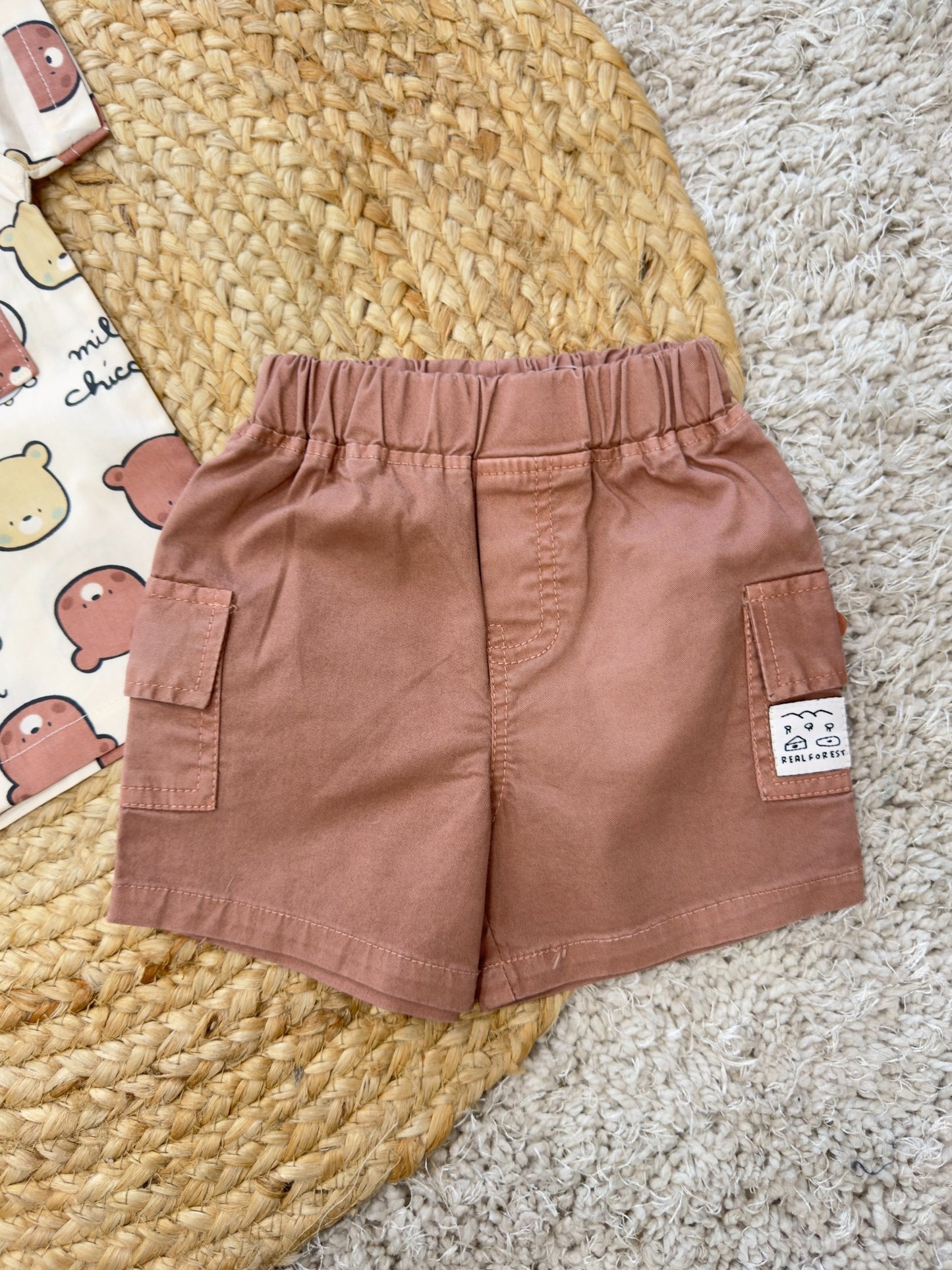 Boys Bear Print Shirt & Brown Shorts Set
