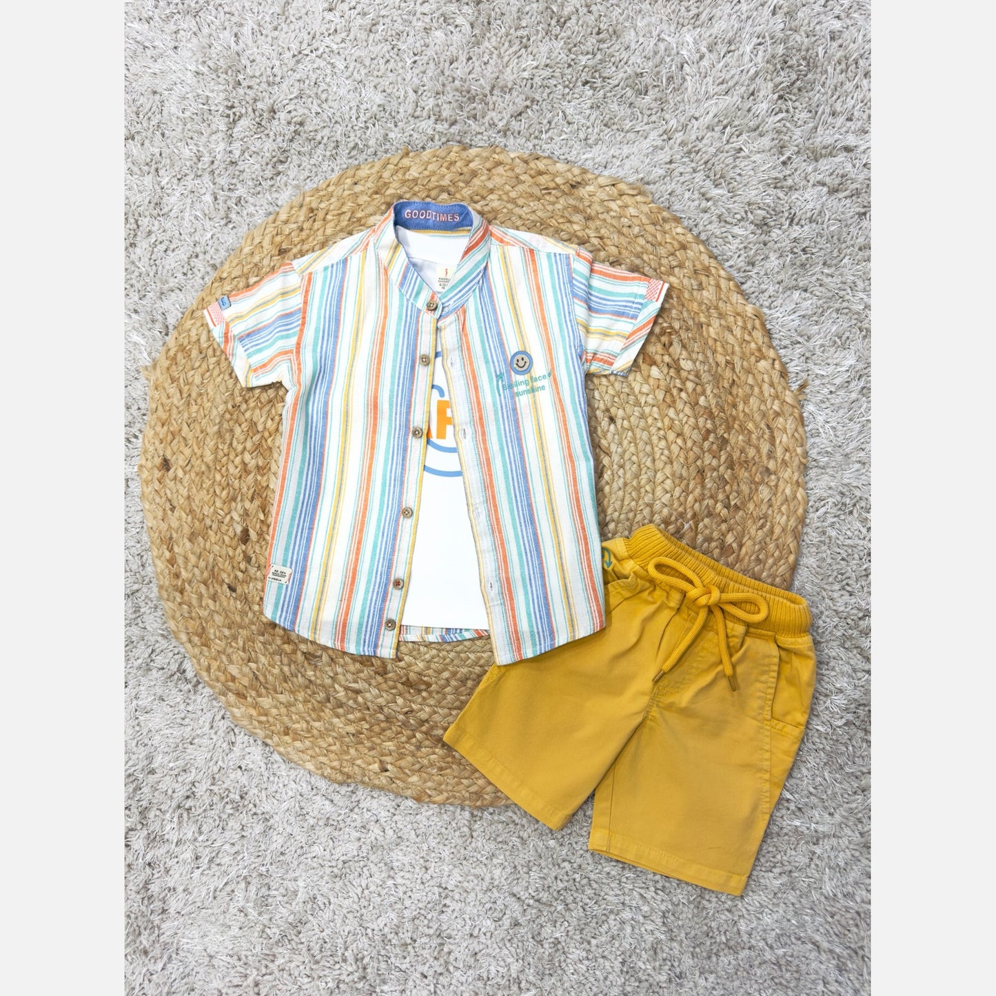 KIDZELLO Boy's Striped Shirt & Smiley Tee & Shorts Set