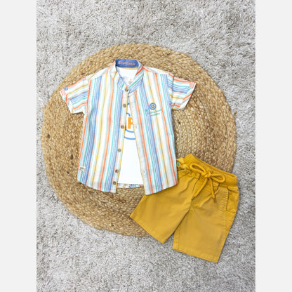 KIDZELLO Boy's Striped Shirt & Smiley Tee & Shorts Set