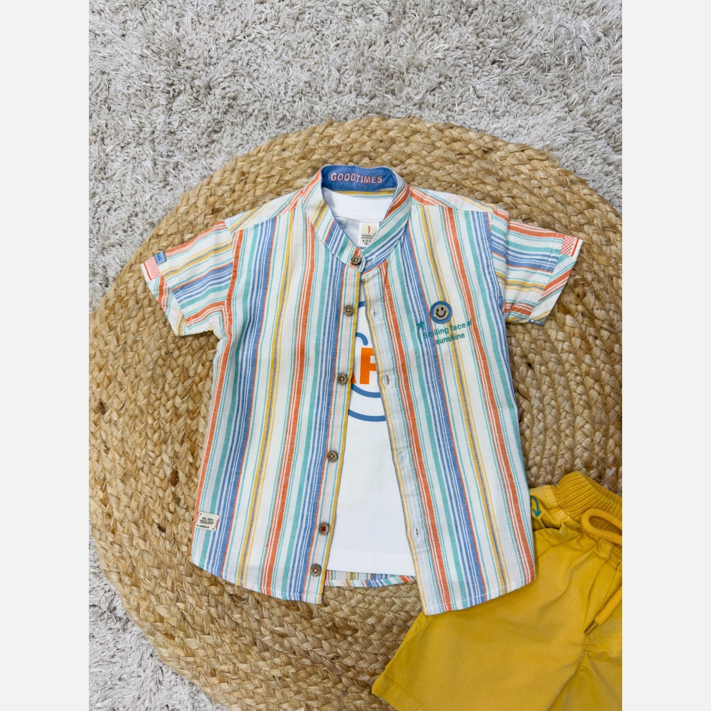 KIDZELLO Boy's Striped Shirt & Smiley Tee & Shorts Set