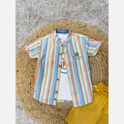 KIDZELLO Boy's Striped Shirt & Smiley Tee & Shorts Set