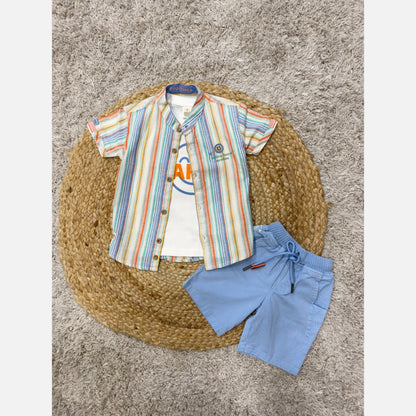 KIDZELLO Boy's Striped Shirt & Smiley Tee & Shorts Set