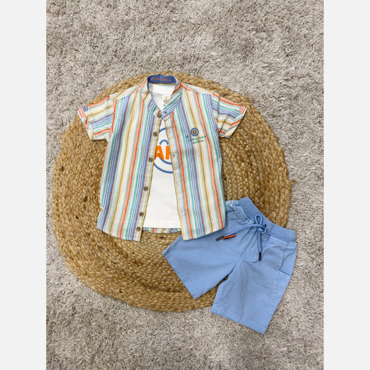 KIDZELLO Boy's Striped Shirt & Smiley Tee & Shorts Set