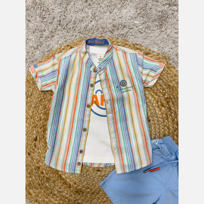 KIDZELLO Boy's Striped Shirt & Smiley Tee & Shorts Set