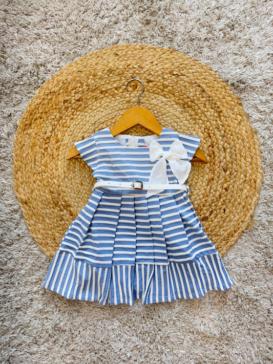 Striped Casual Party Frock with Bow and Belt