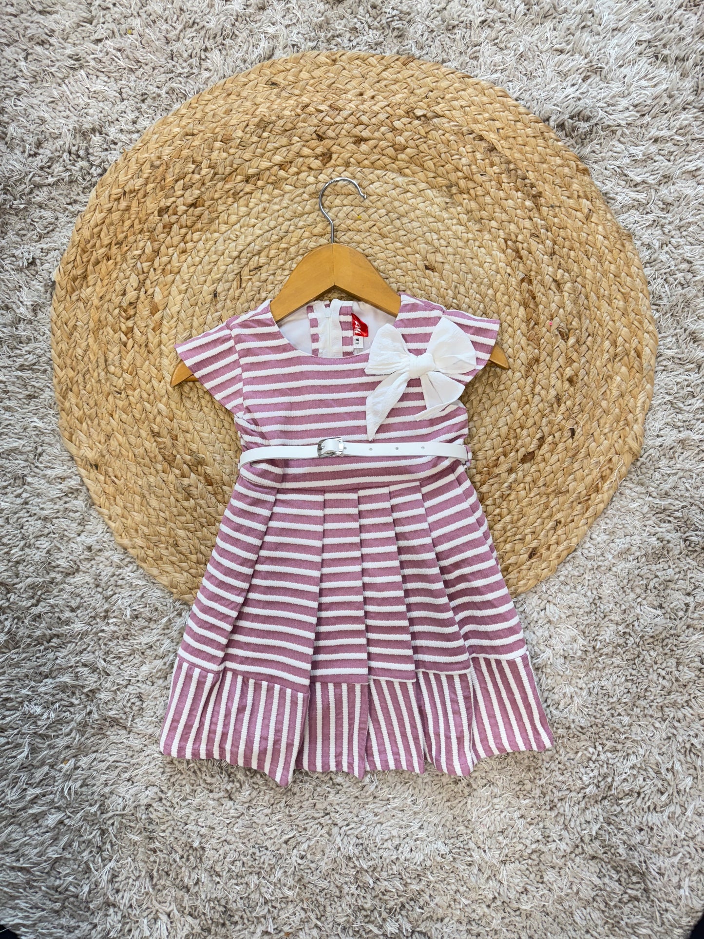 Striped Casual Party Frock with Bow and Belt
