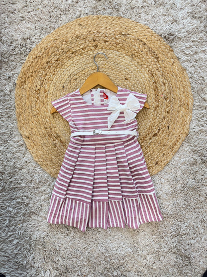Striped Casual Party Frock with Bow and Belt