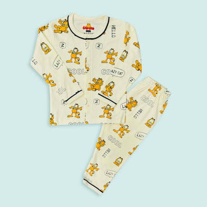 Full Sleeves Crazy Cat  Print Night Suit Set - Yellow