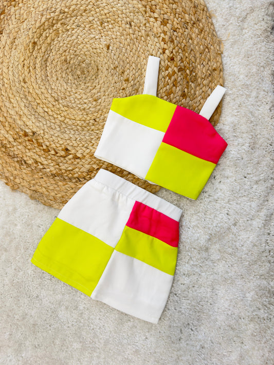 Girls Color blocked Top and Skirt with Under Pant.